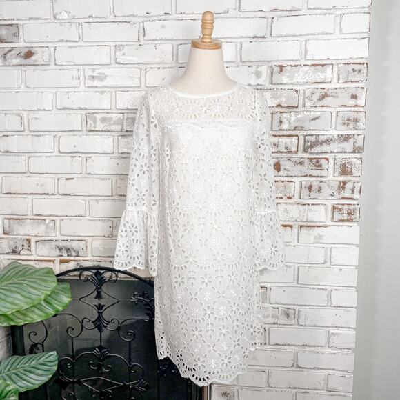 J. Crew Dresses & Skirts - J. Crew White Embroidered Eyelet Lace Bell Sleeves Shift Mini Midi Dress 2